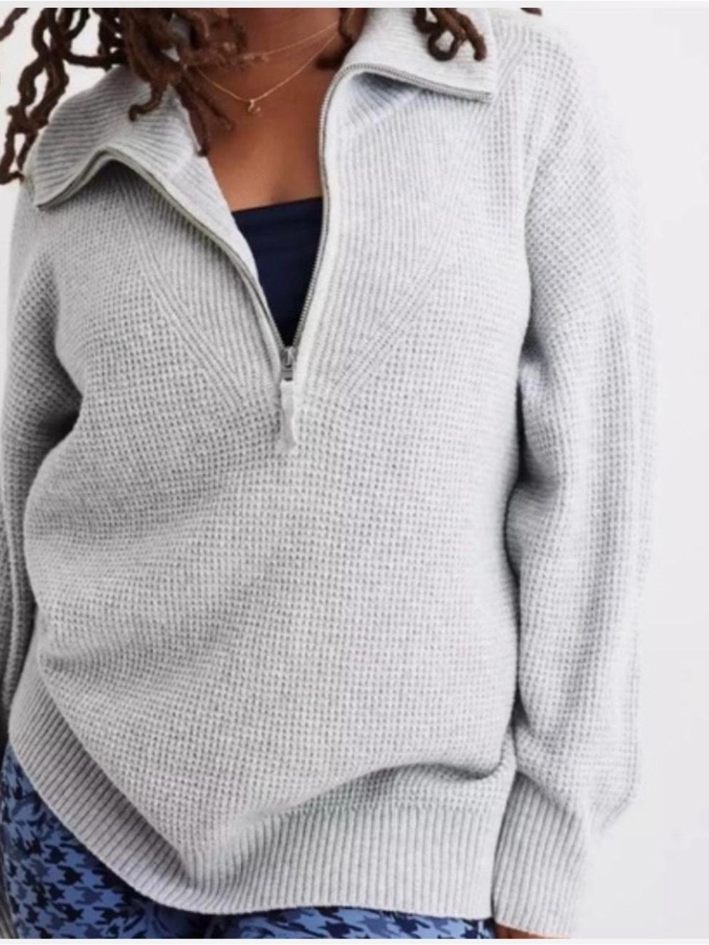 Aerie Cozy Up Waffle Knit Half Zip Sweater – Heather Grey – Size XS